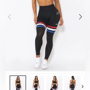 bombshell sportswear XS Black Leggings with Red, White, and Blue Stripes